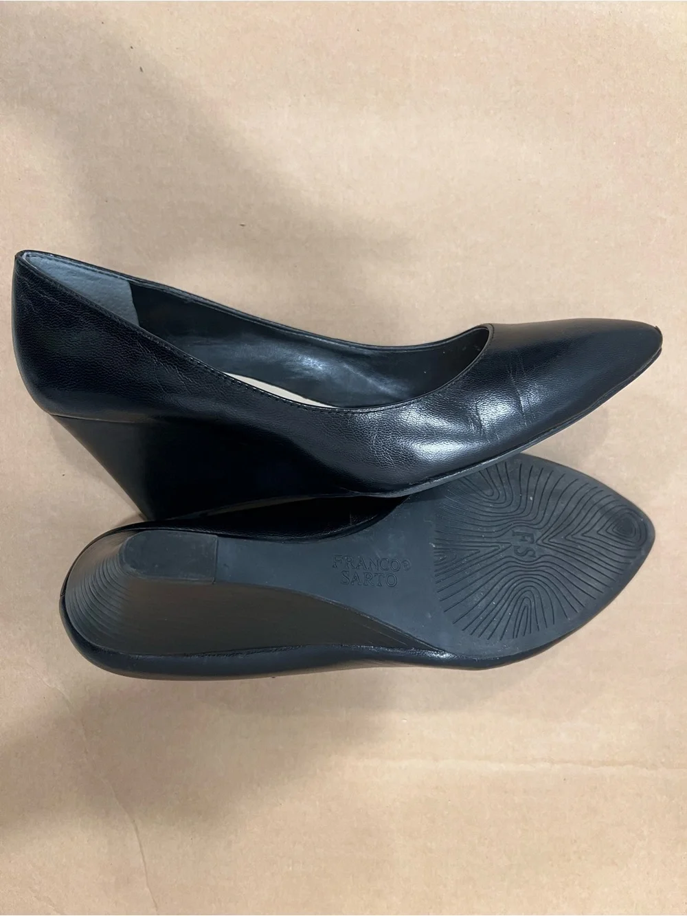 Franco Sarto Black Leather Pointed Wedge Heels